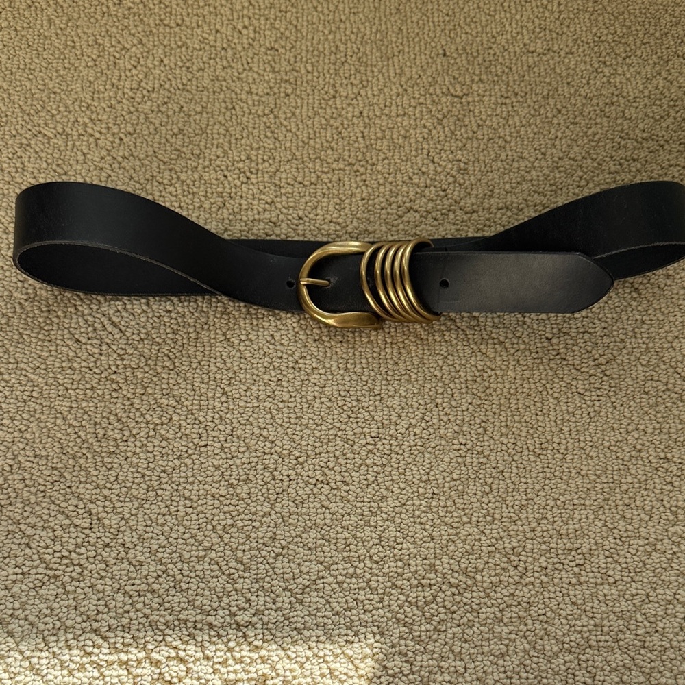 Anthropologie Black Leather Belt with Gold Buckle - size XL